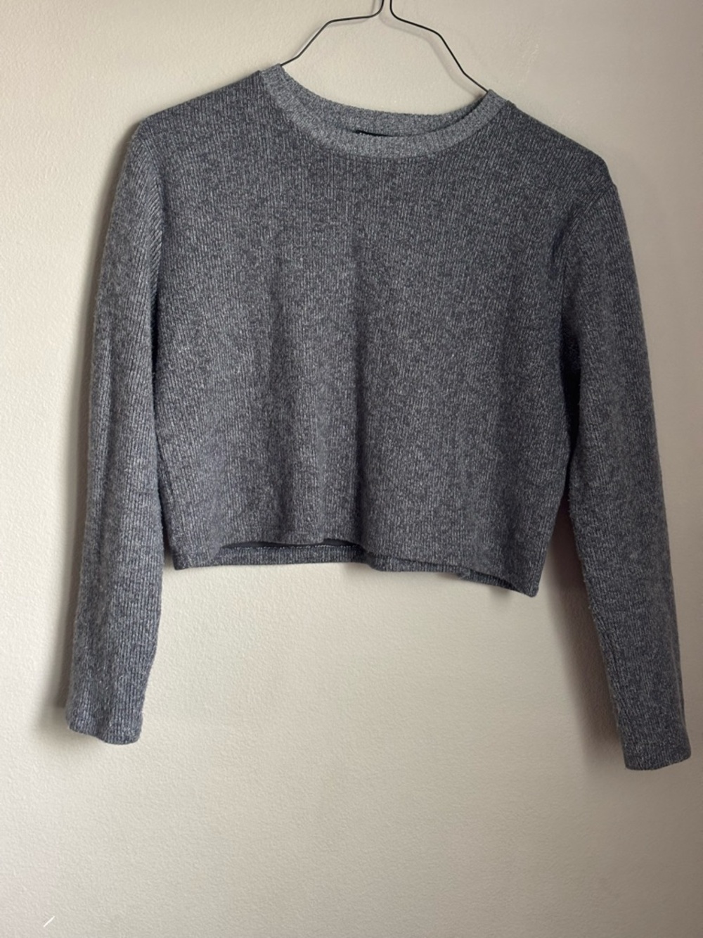 Zara Sweater Women's Small Gray Crop Top Pullover Crew Neck Long Sleeve Stretch